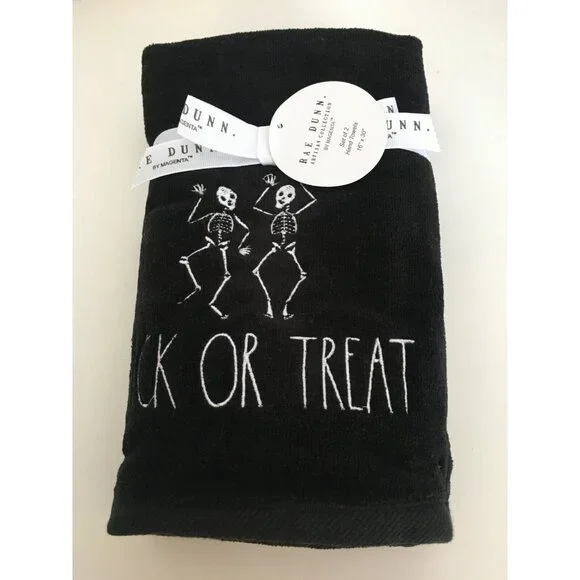 Rae Dunn Halloween Hand Towels Set of 2 Skeleton Trick or Treat Black 16 x 30 in - Picture 3 of 4